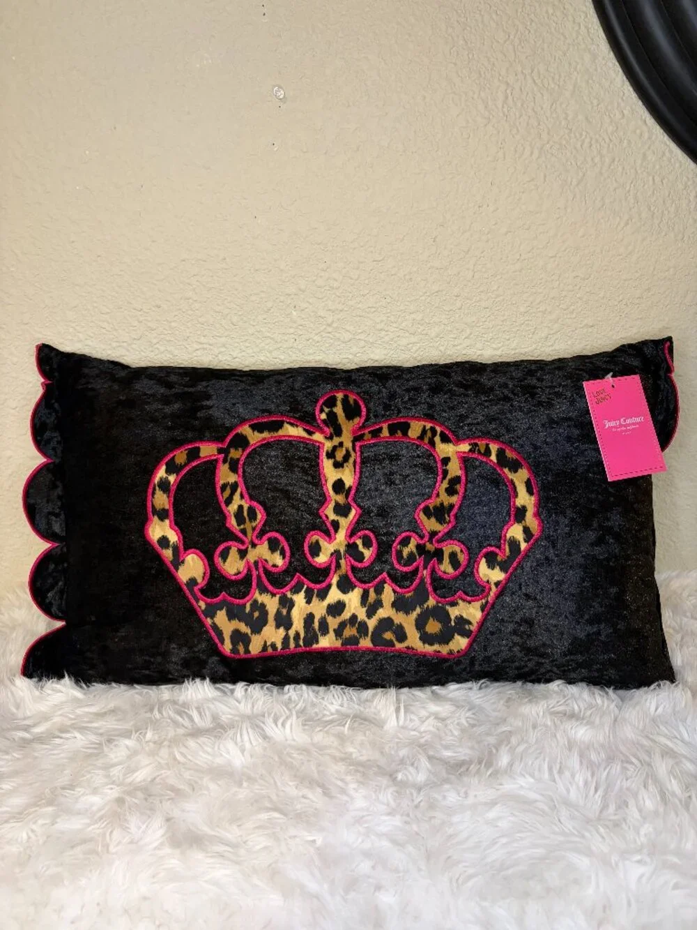 Juicy Couture Leopard Crown Black Pink Decorative Lumbar Pillow 14x24 NWT